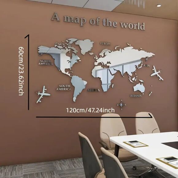 Modern 3D Silver World Map Wall Art – Decor for Living Room, Office, or Bedroom - Picture 2 of 5